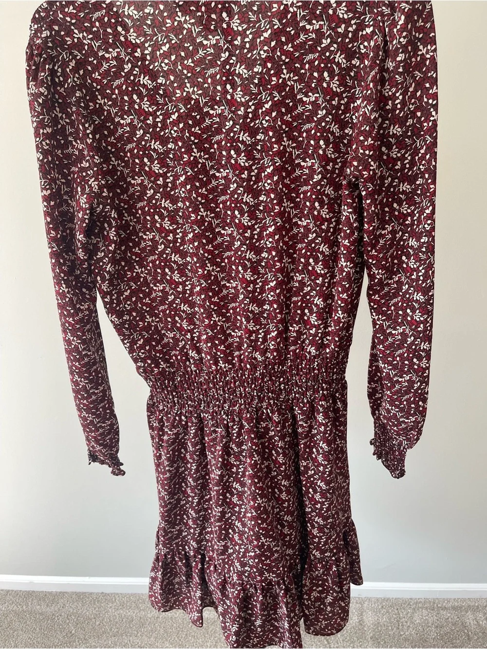 Michael Kors Burgundy Floral Long Sleeve Smock-Waist Dress